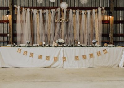 Wedding head table decorated with rustic decorations